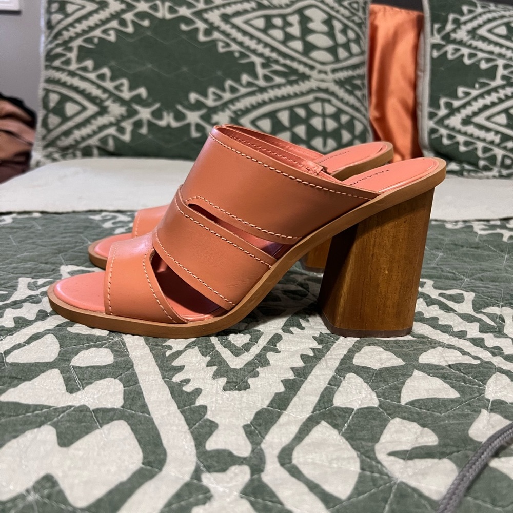 Cute block heel sandal; peach color; between orange and pink